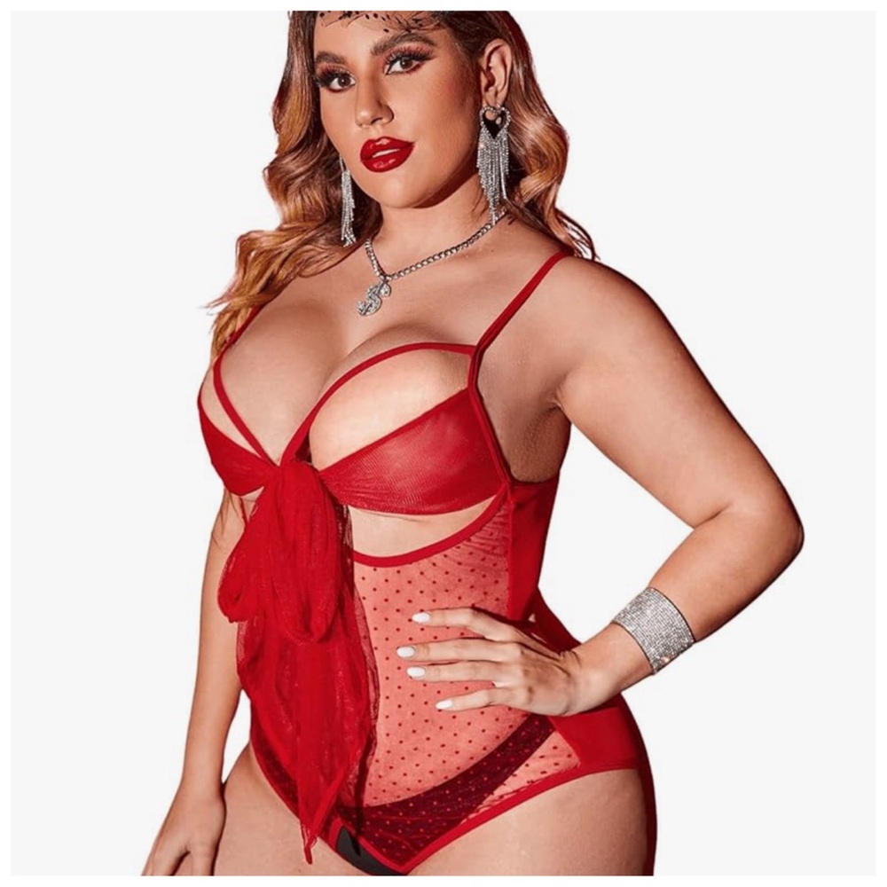 Plus Size Knot Front Sheer Mesh Cut-Out Crotchless  Bodysuit; 2XL